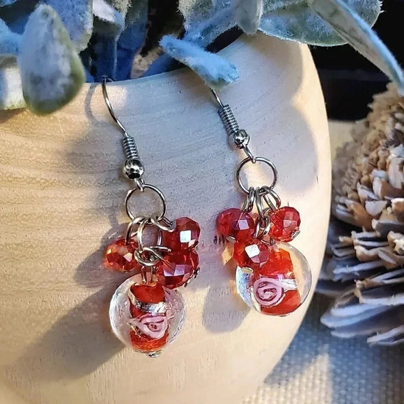 Handcrafted Red Murano Glass Flower Czech Crystal Beads Cluster Earrings - Picture 3 of 6